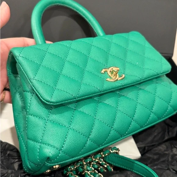 CHANEL Green Caviar Coco Top Handle Flap Bag Small GHW - Picture 5 of 15